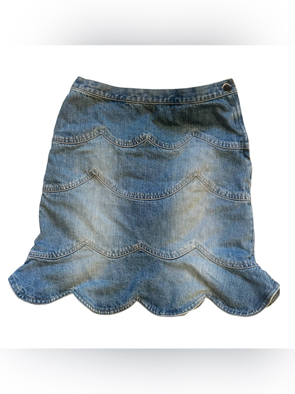Marc Jacobs Scalloped Wave Patch Tiered Denim Jean Skirt 6 Blue Coastal Boho